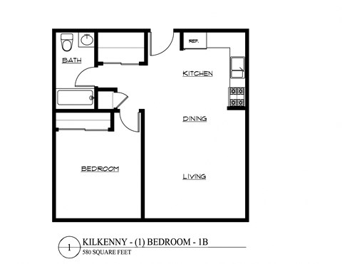 Floor plan for 1 bed, 1 bath, 580 sqft